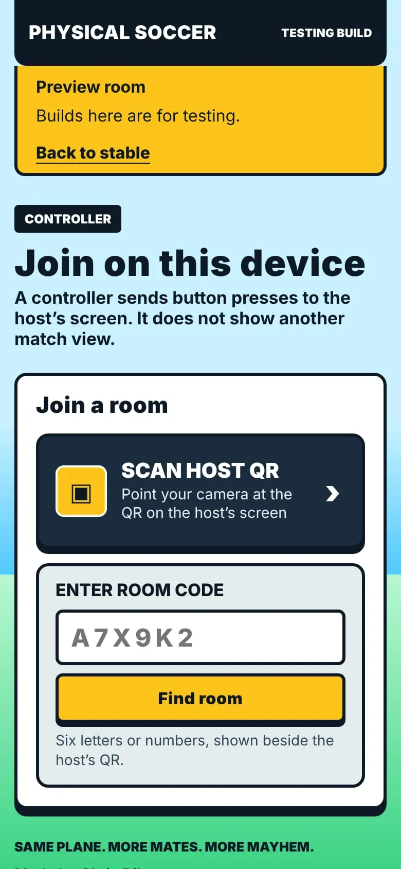 The phone join screen: scan the host QR or enter a room code