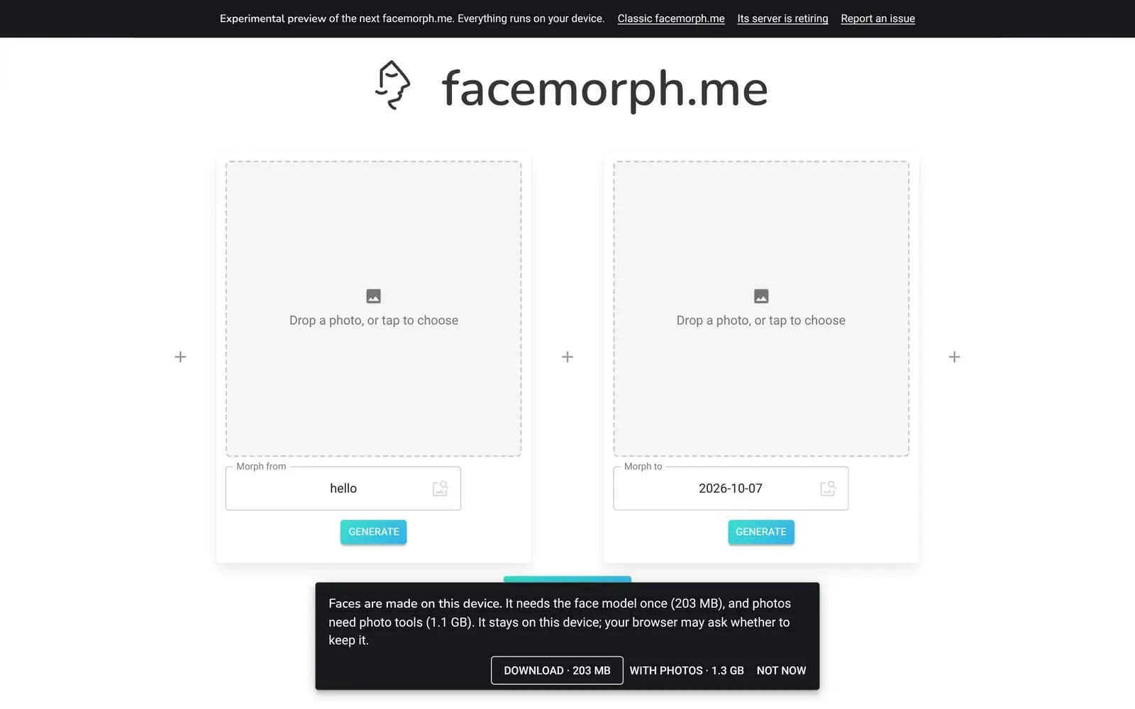The new facemorph.me: generate faces from words, seeds or photos, all on your device