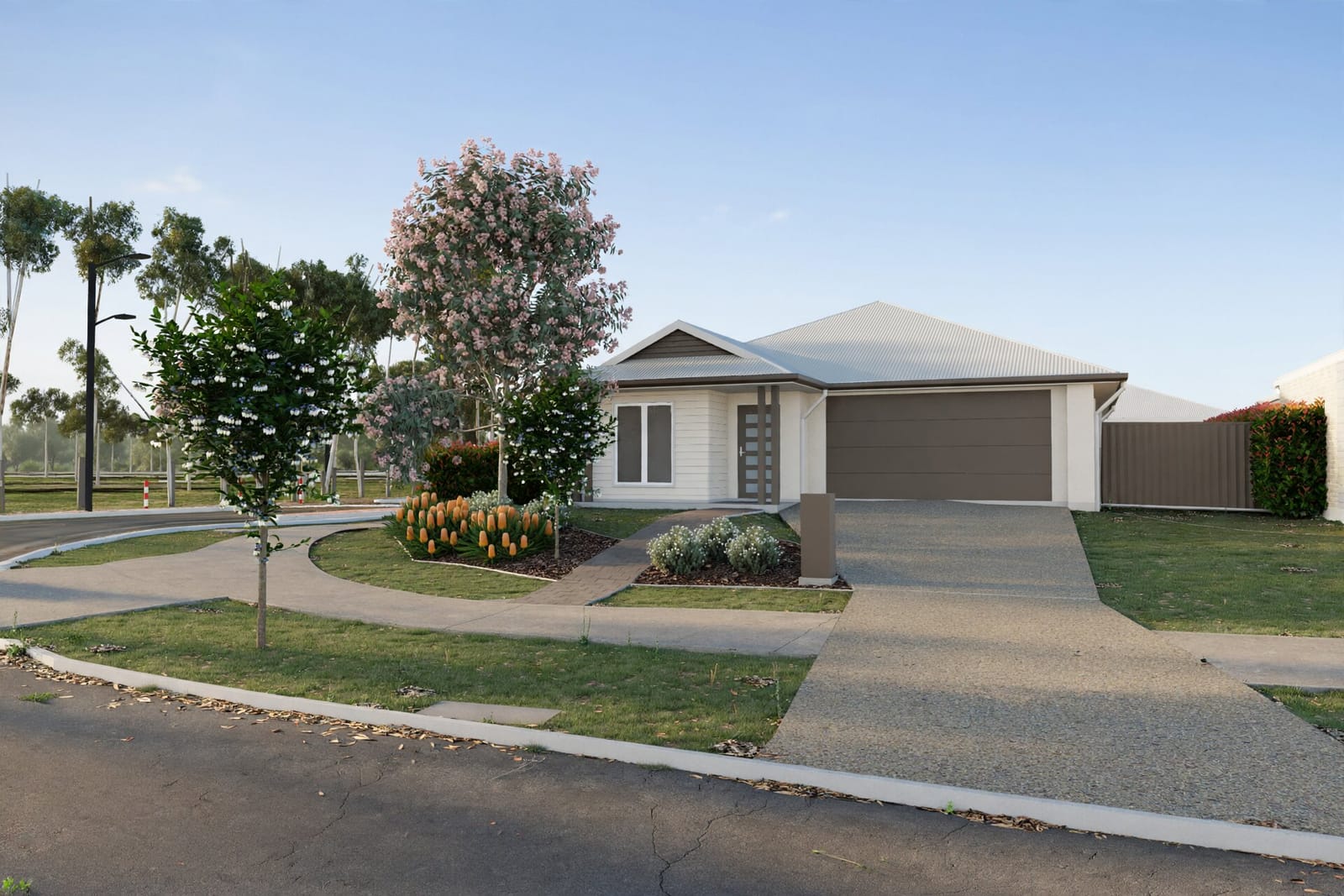 AI visualisation: the house from across the street with the proposed front garden